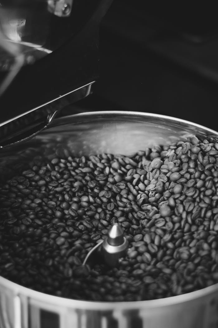 Black and white image of coffee beans in a roasting machine, perfect for coffee enthusiasts and industry professionals.